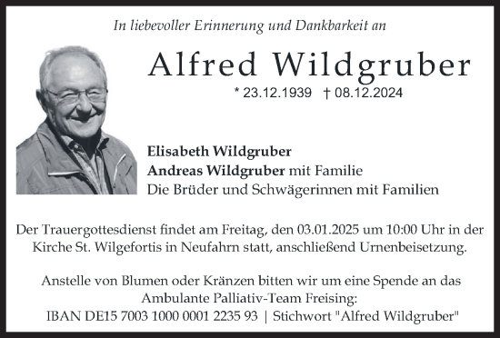 Traueranzeige von Alfred Wildgruber von merkurtz