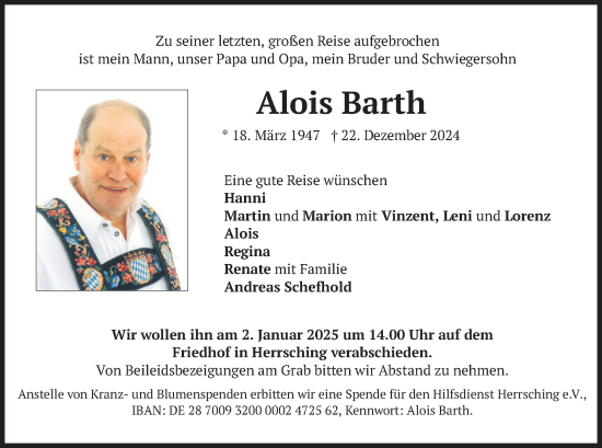 Traueranzeige von Alois Barth von merkurtz