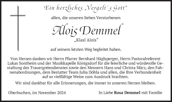 Traueranzeige von Alois Demmel von merkurtz