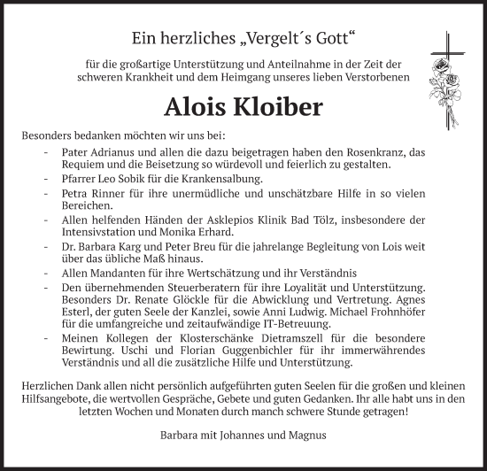 Traueranzeige von Alois Kloiber von merkurtz