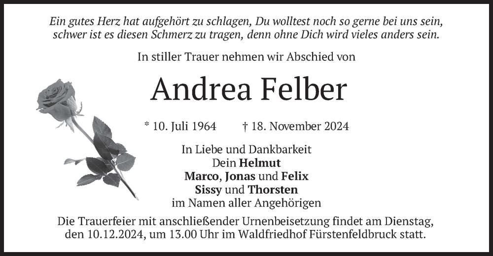  Traueranzeige für Andrea Felber vom 03.12.2024 aus merkurtz