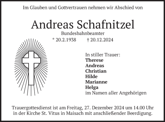 Traueranzeige von Andreas Schafnitzel von merkurtz