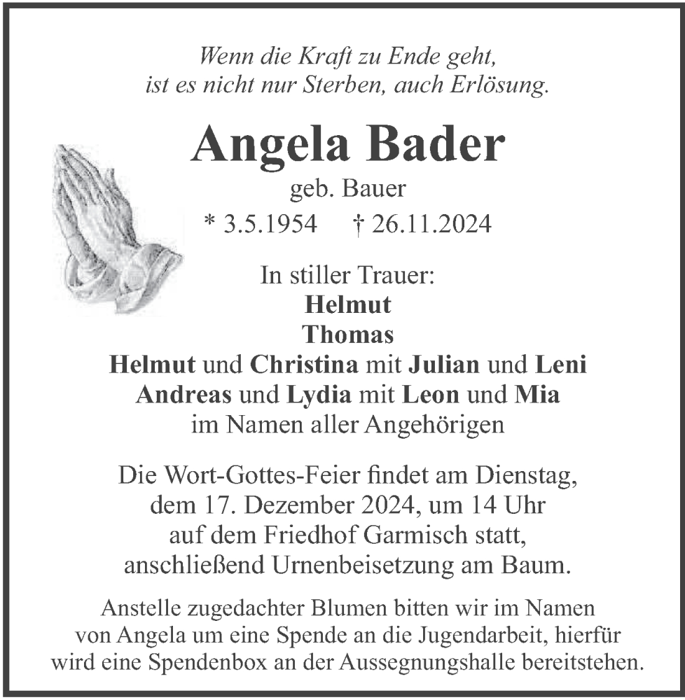  Traueranzeige für Angela Bader vom 14.12.2024 aus merkurtz