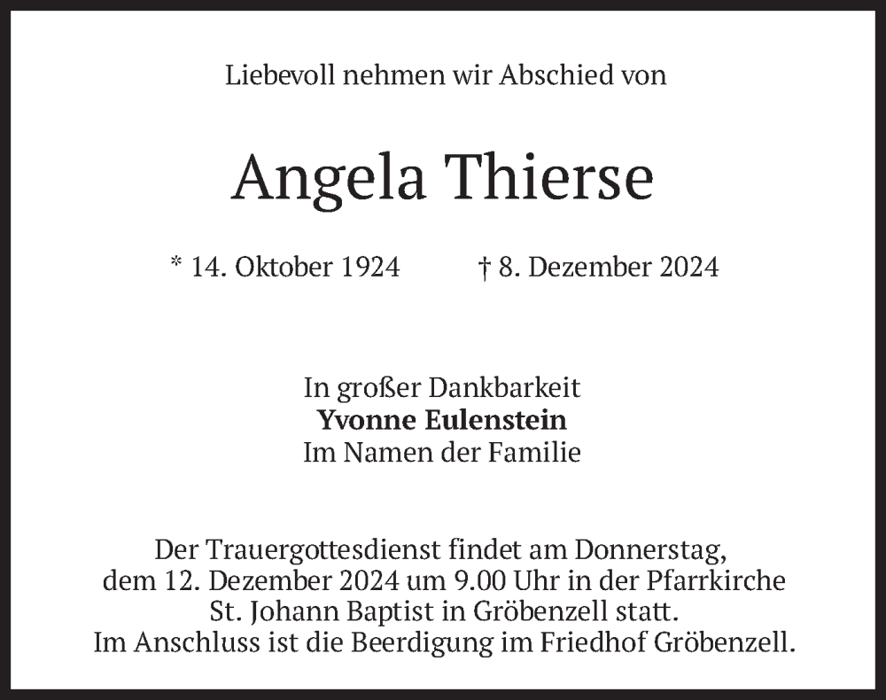  Traueranzeige für Angela Thierse vom 10.12.2024 aus merkurtz