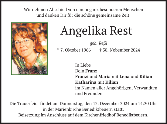 Traueranzeige von Angelika Rest von merkurtz