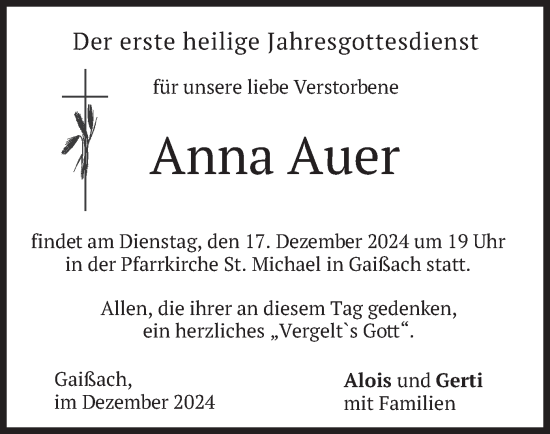 Traueranzeige von Anna Auer von merkurtz