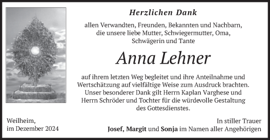 Traueranzeige von Anna Lehner von merkurtz