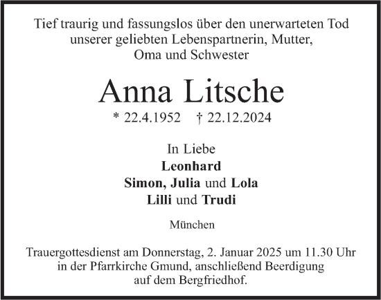 Traueranzeige von Anna Litsche von merkurtz