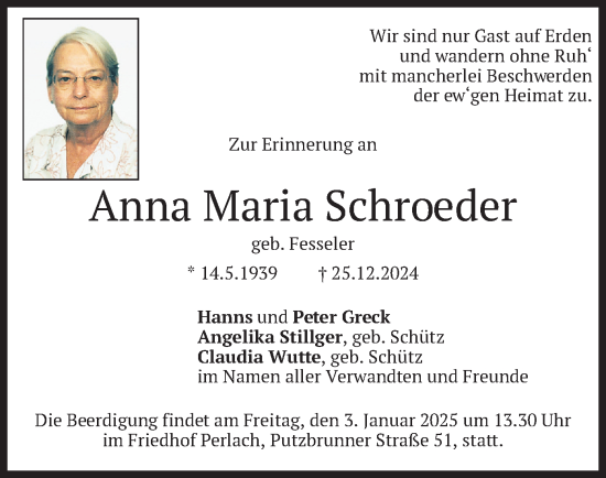 Traueranzeige von Anna Maria Schroeder von merkurtz