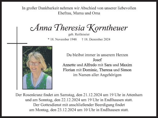 Traueranzeige von Anna Theresia Korntheuer von merkurtz