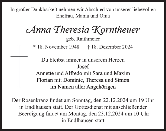 Traueranzeige von Anna Theresia Korntheuer von merkurtz