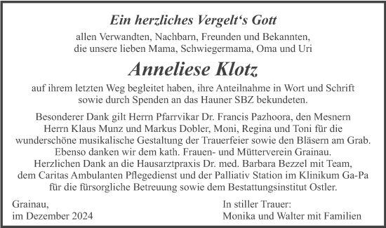 Traueranzeige von Anneliese Klotz von merkurtz