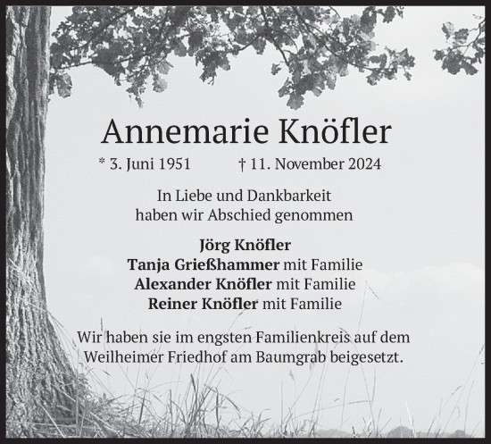 Traueranzeige von Annemarie Knöfler von merkurtz