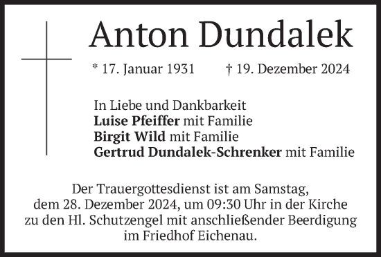 Traueranzeige von Anton Dundalek von merkurtz