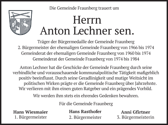 Traueranzeige von Anton Lechner von merkurtz