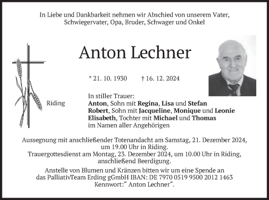 Traueranzeige von Anton Lechner von merkurtz