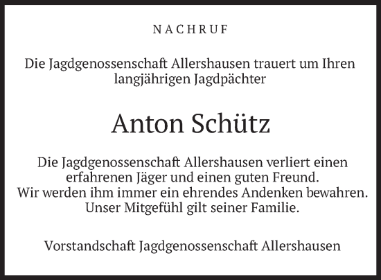 Traueranzeige von Anton Schütz von merkurtz