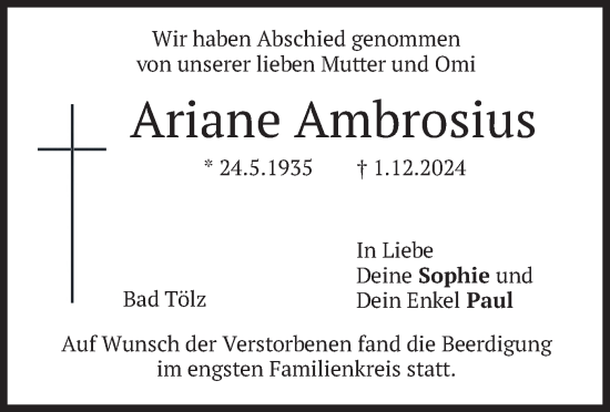 Traueranzeige von Ariane Ambrosius von merkurtz