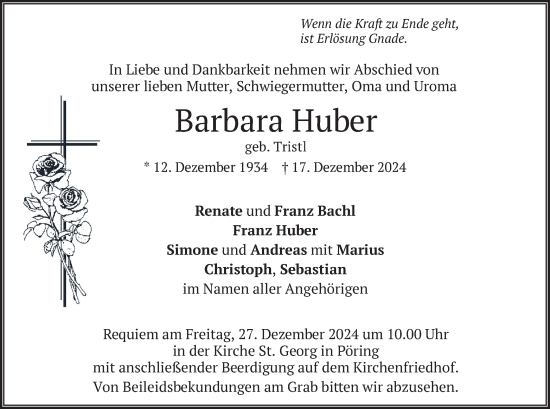 Traueranzeige von Barbara Huber von merkurtz