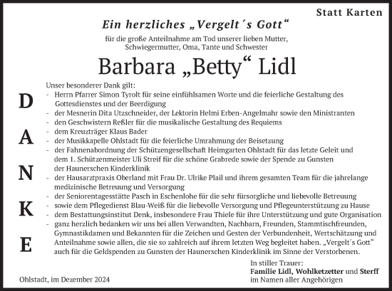 Traueranzeige von Barbara Lidl von merkurtz