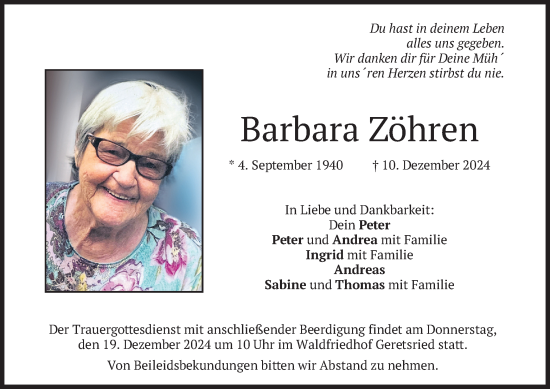 Traueranzeige von Barbara Zöhren von merkurtz