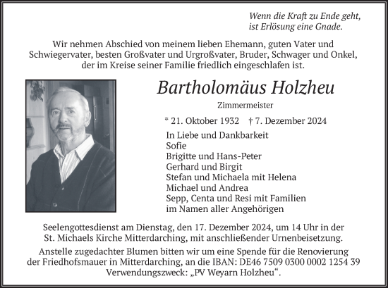 Traueranzeige von Bartholomäus Holzheu von merkurtz