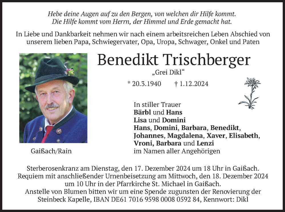  Traueranzeige für Benedikt Trischberger vom 16.12.2024 aus merkurtz