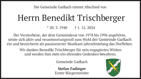 Traueranzeige von Benedikt Trischberger von merkurtz