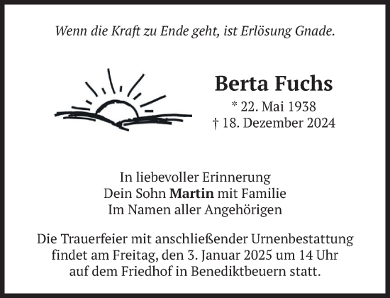 Traueranzeige von Berta Fuchs von Das Gelbe Blatt Penzberg