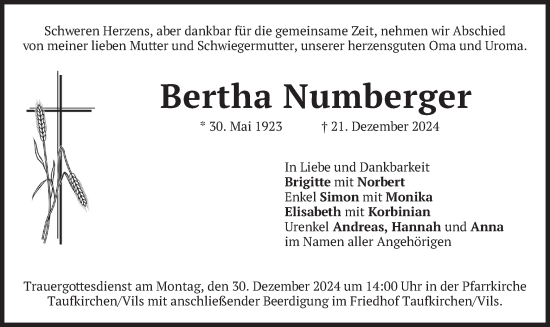 Traueranzeige von Bertha Numberger von merkurtz