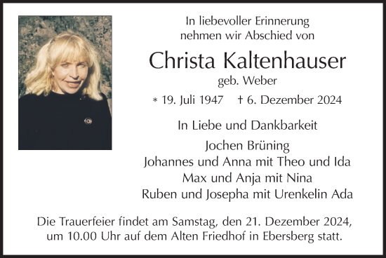 Traueranzeige von Christa Kaltenhauser von merkurtz