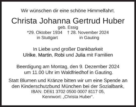 Traueranzeige von Christa Johanna Gertrud Huber von merkurtz