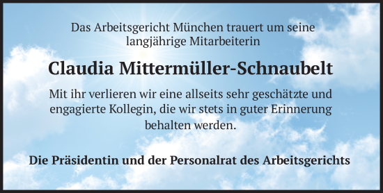 Traueranzeige von Claudia Mittermüller-Schnaubelt von merkurtz