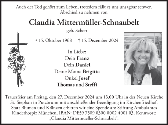 Traueranzeige von Claudia Mittermüller-Schnaubelt von merkurtz