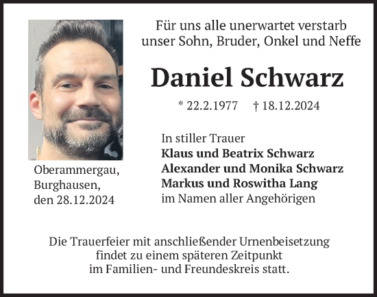 Traueranzeige von Daniel Schwarz von merkurtz