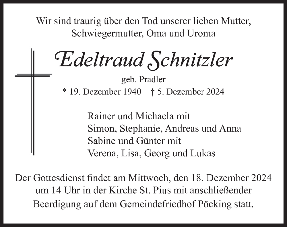  Traueranzeige für Edeltraud Schnitzler vom 14.12.2024 aus merkurtz