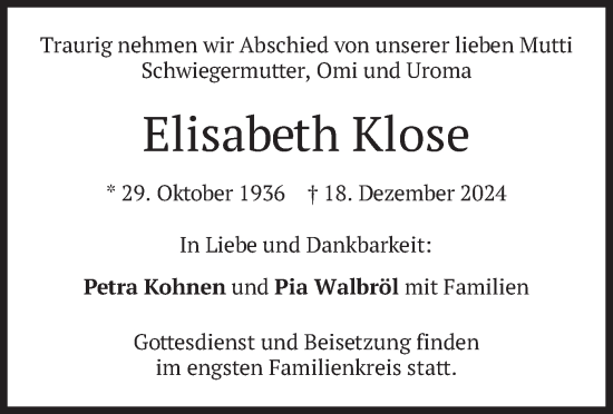 Traueranzeige von Elisabeth Klose von merkurtz