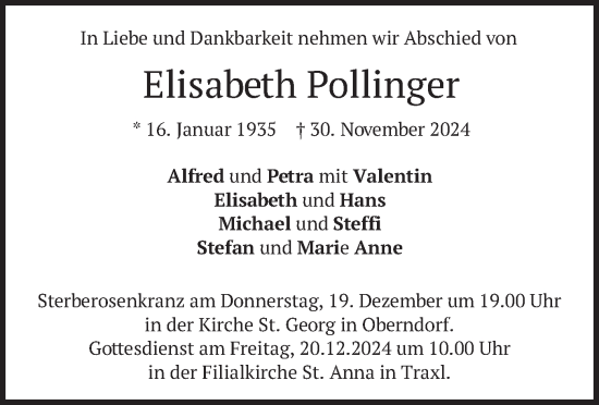 Traueranzeige von Elisabeth Pollinger von merkurtz