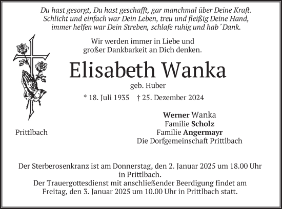 Traueranzeige von Elisabeth Wanka von merkurtz