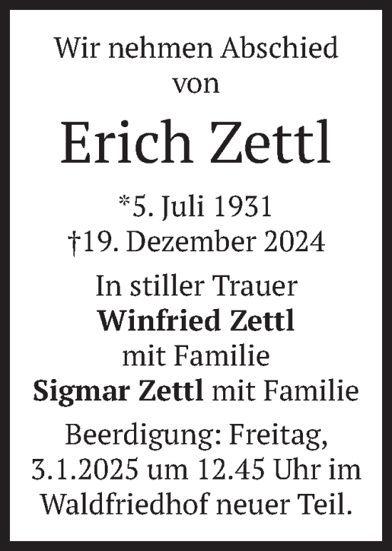Traueranzeige von Erich Zettl von merkurtz