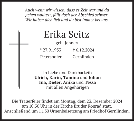 Traueranzeige von Erika Seitz von merkurtz