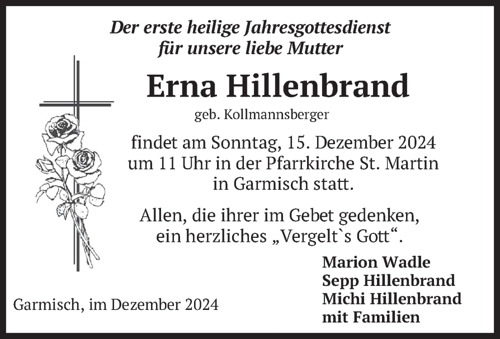  Traueranzeige für Erna Hillenbrand vom 07.12.2024 aus merkurtz