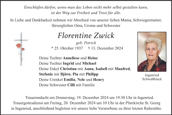 Traueranzeige von Florentine Zwick von merkurtz