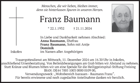 Traueranzeige von Franz Baumann von merkurtz