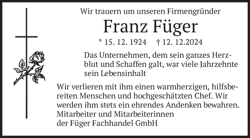  Traueranzeige für Franz Füger vom 16.12.2024 aus merkurtz