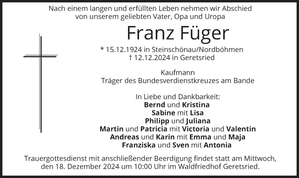  Traueranzeige für Franz Füger vom 16.12.2024 aus merkurtz