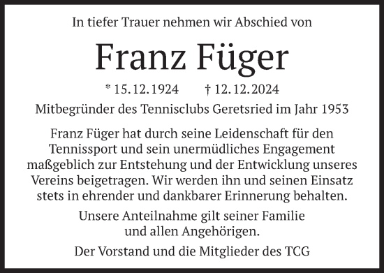 Traueranzeige von Franz Füger von merkurtz