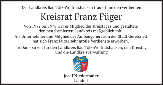 Traueranzeige von Franz Füger von merkurtz