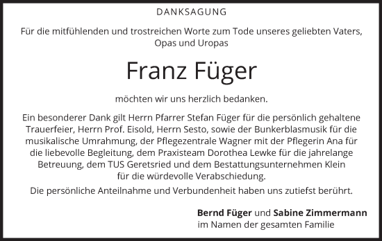 Traueranzeige von Franz Füger von merkurtz