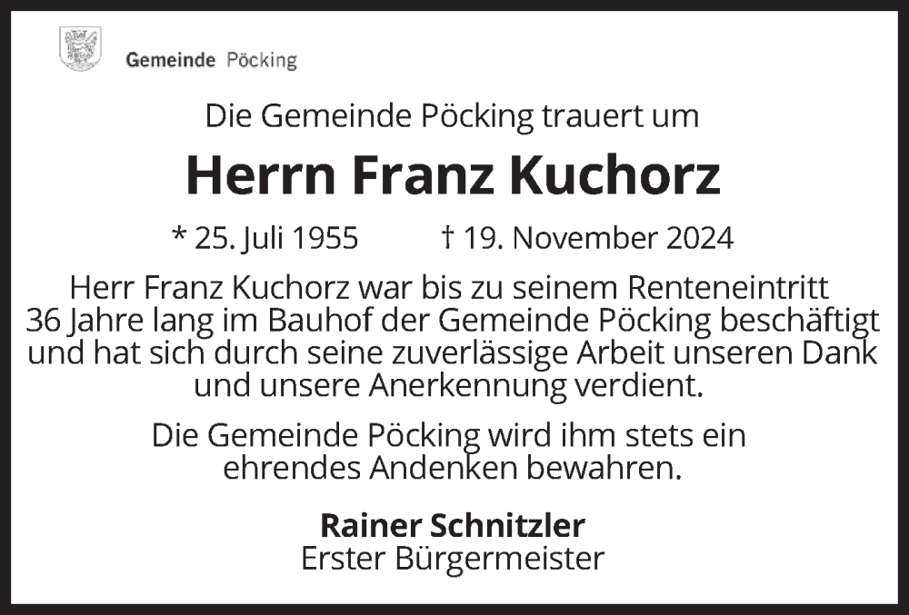  Traueranzeige für Franz Kuchorz vom 11.12.2024 aus merkurtz